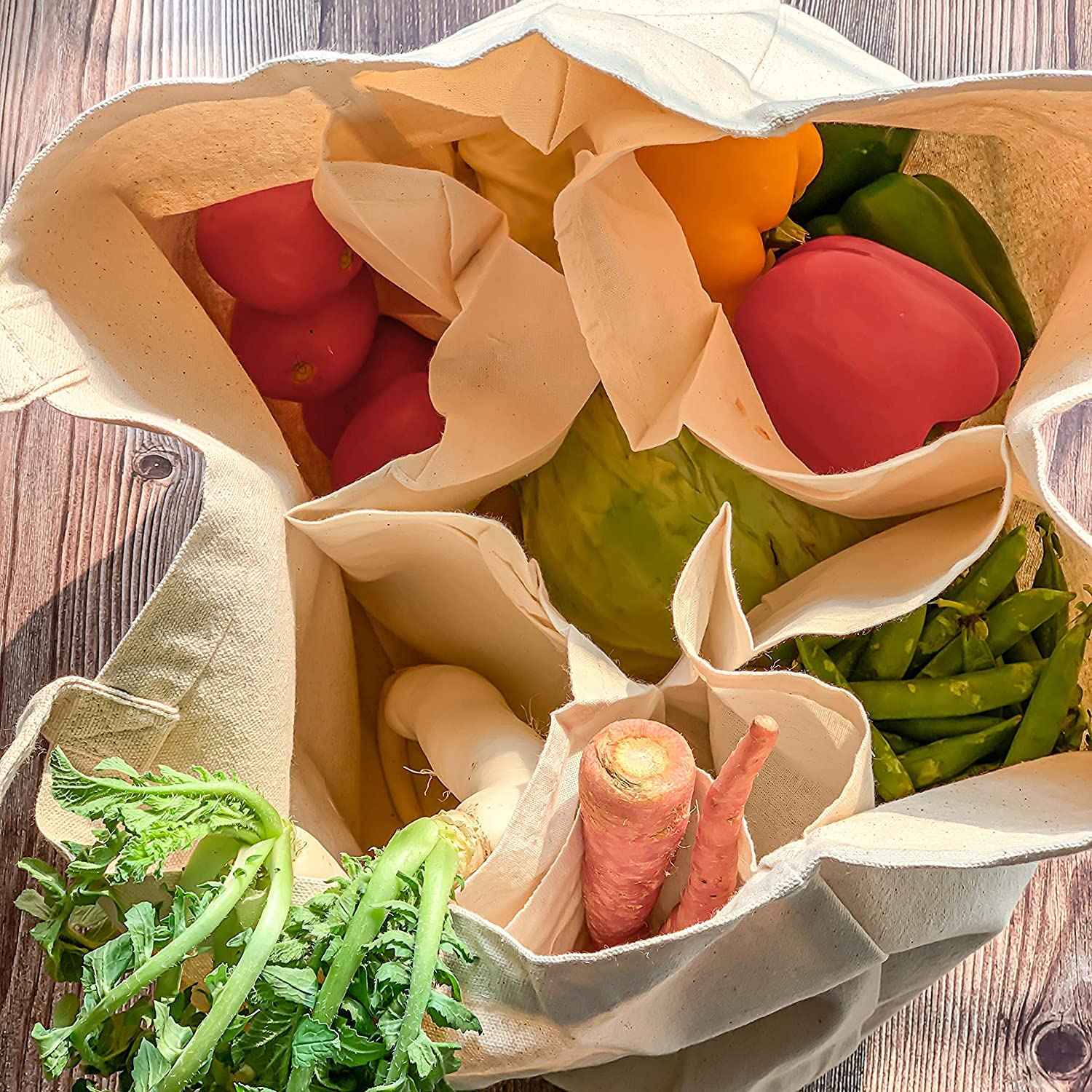 Home Style India Heavy Duty Cotton Canvas Reusable Vegetable Handbag/Grocery/Carry Bag/Shopping Bag With 6 Compartments/Pockets For Organized Storage, White
