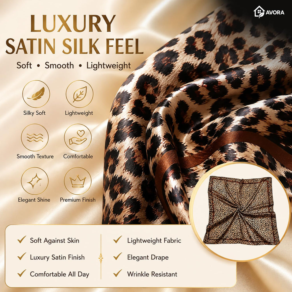 AVORA Leopard Print Satin Square Scarf for Women, Silk Feel Head Scarf, Lightweight Bandana Hair Wrap, Fashion Neck Scarf, Hijab, Brown Animal Print Headscarf, 90 x 90 cm
