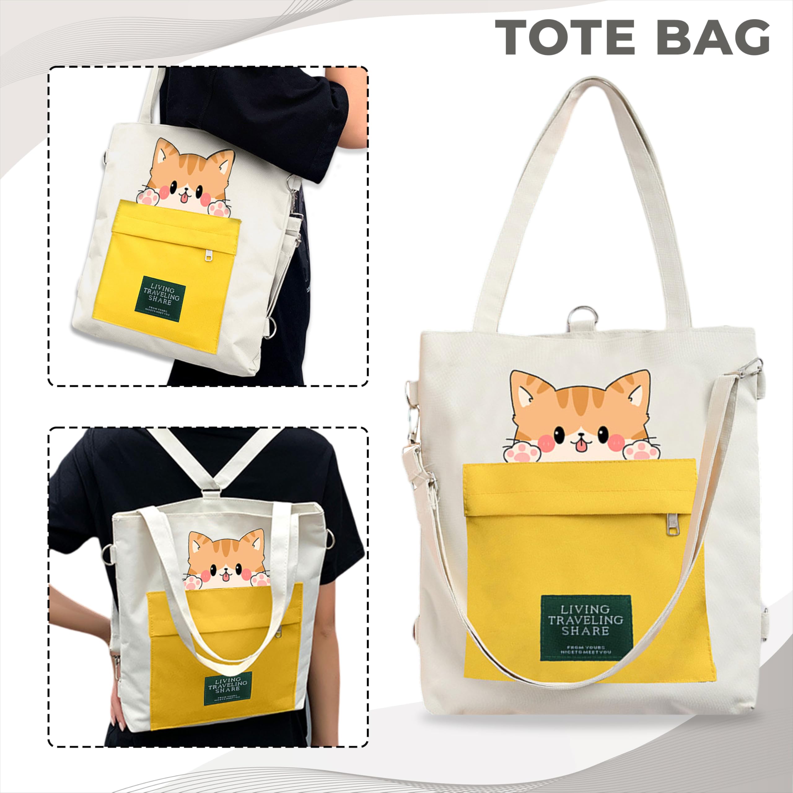 Kraptick Tote Bags – Stylish Shoulder Tote Bag for Everyday Use For Women Compact Reusable Perfect as a Grocery Tote Bag, Shopping Bags for Grocery (Lazy Cat White)