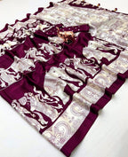 BRAHMAKHODAL Crepe Silk Saree Beautiful Ajrakh Kalamkari Print Design With Blouse Piece (Wine11)