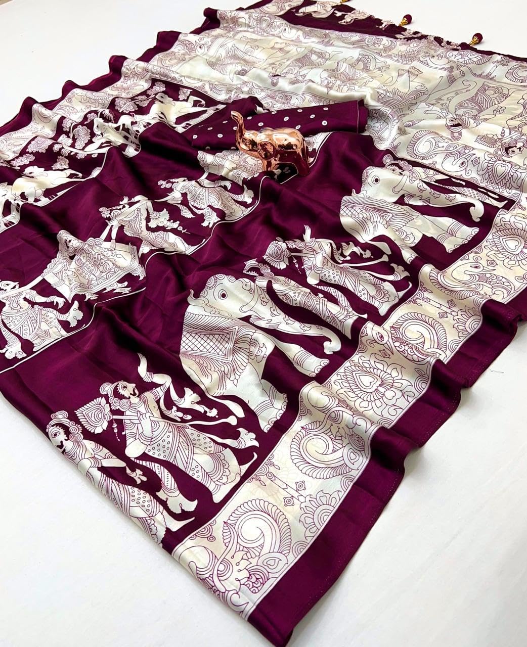 BRAHMAKHODAL Crepe Silk Saree Beautiful Ajrakh Kalamkari Print Design With Blouse Piece (Wine11)