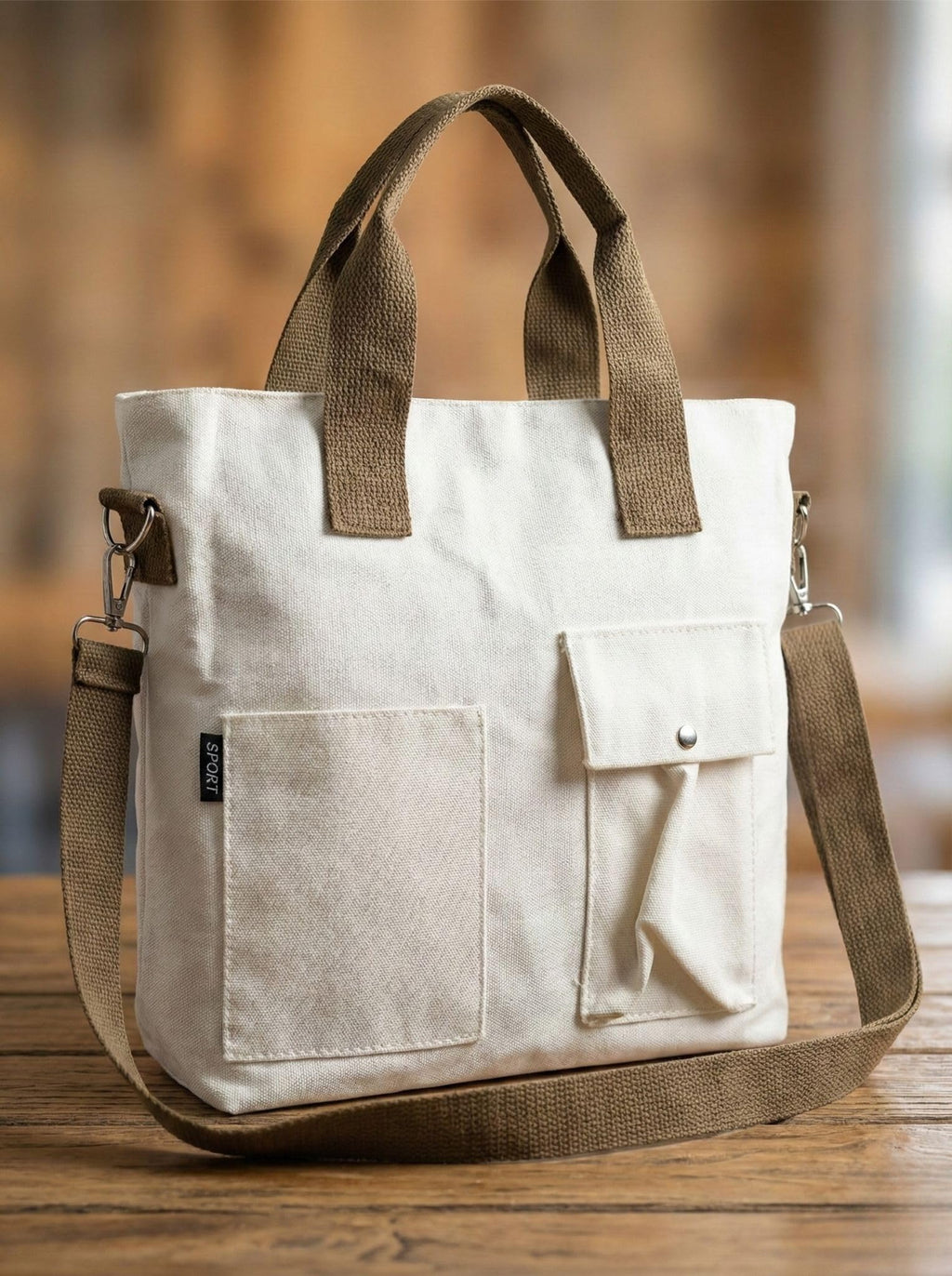 BROGBUS Canvas Tote Bag for Women Office Use, College Girls with Compartment, Cream