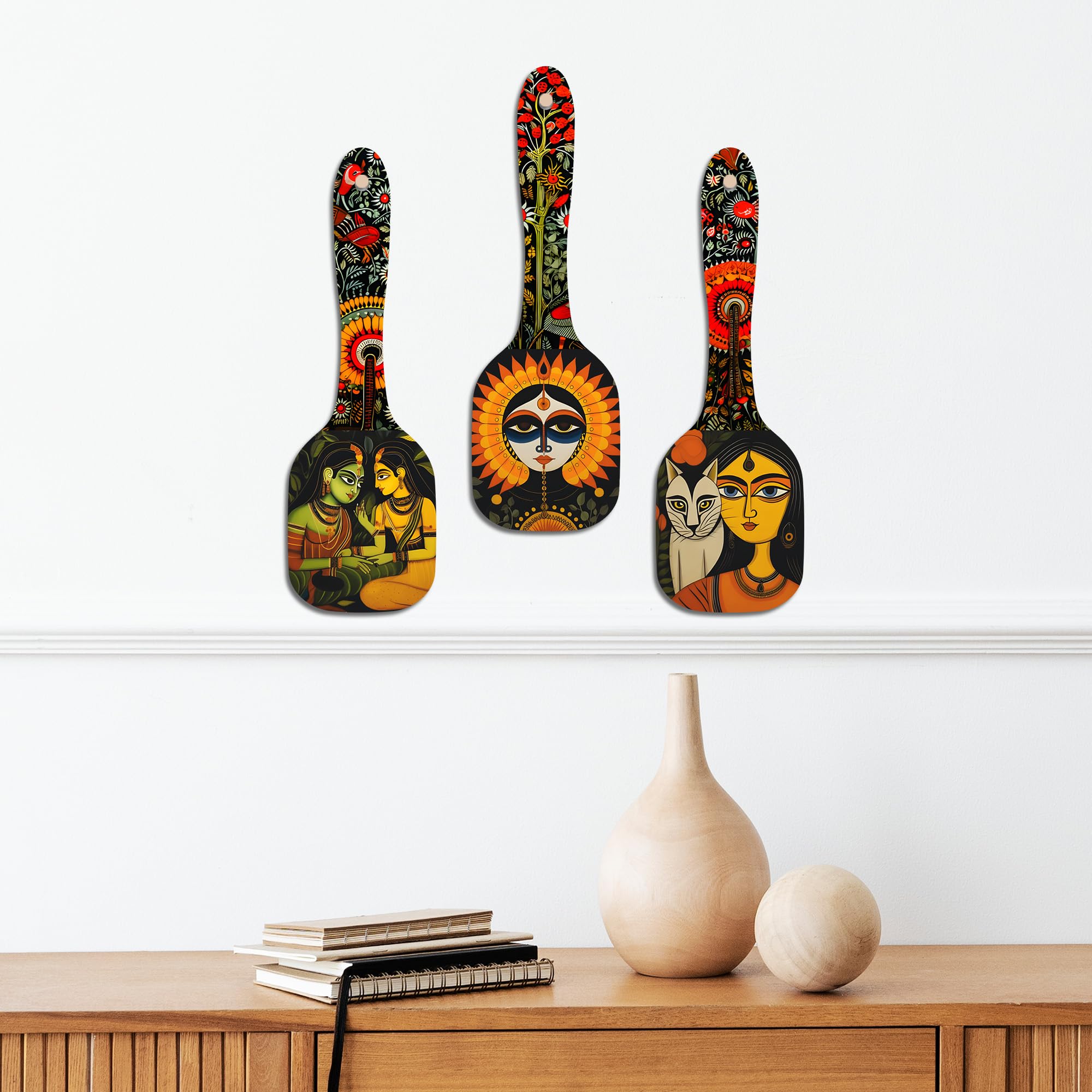 Artvibes Women Kalighat Art Spatula Shape Wooden Wall Hanging | Modern Art Print | Wall Accent | Gift Items | Aesthetic Wooden Decoration | Ethnic Wall Decor | Cafe Decor (WH_11005N), Set of 3