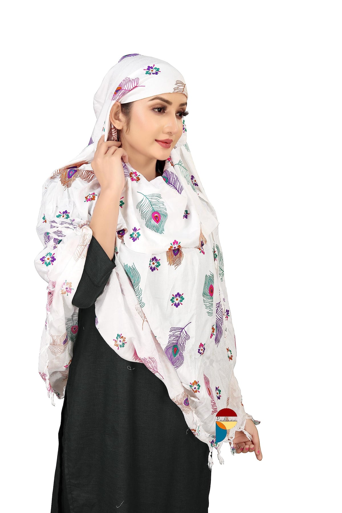PRACHARAN Cotton Innovative Stylish Feather Printed Pattern Fancy Scarf With Sun Protection Cover Face Cotton Driving Scarf for Women's and Girls, (female), White