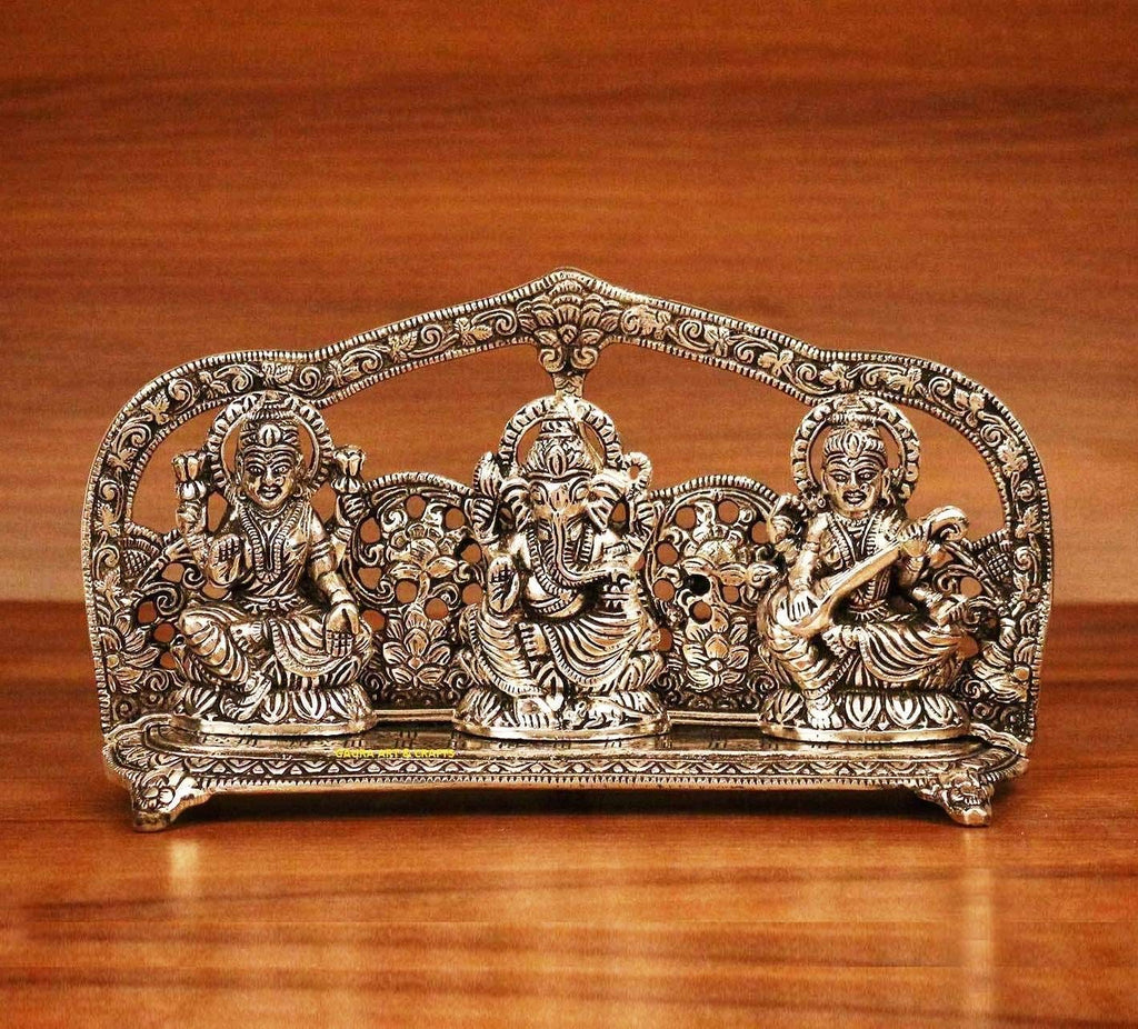Prince Home Decor & Gifts Laxmi Ganesh Saraswati Idol Decorative Platter with Diya Laxmi Ganesha Murti Showpiece Antique Gift (Silver)
