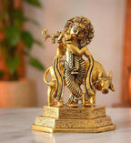 KridayKraft Lord Cow Krishna with Flute Metal Handicraft Statue, Gold-Plated Religious Showpiece Decorative Figurine,Hindu Religious Idol, 16 cm