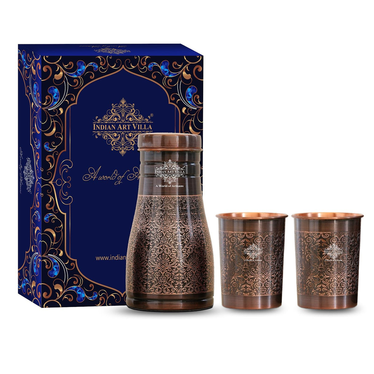 INDIAN ART VILLA Copper Bedroom Bottle & Glass Set, Antique Dark Finish, Embossed Design, Drinkware Gift Set, 1000 ml