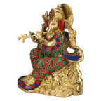 ARTVARKO Brass Ganesha Bhagwan Playing Flute Sitting - Ganpati Statue Moorti with Inlay Handwork for Home Office Marriage Gift Size 8 Inches