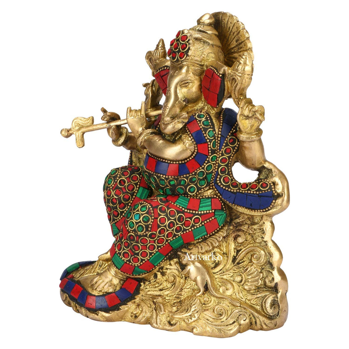 ARTVARKO Brass Ganesha Bhagwan Playing Flute Sitting - Ganpati Statue Moorti with Inlay Handwork for Home Office Marriage Gift Size 8 Inches