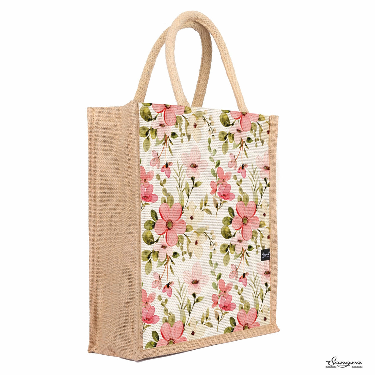 Sangra Multicolor Jute bag for Women and Men Lunch Bag with Zip and Handle (Flower Pattern)