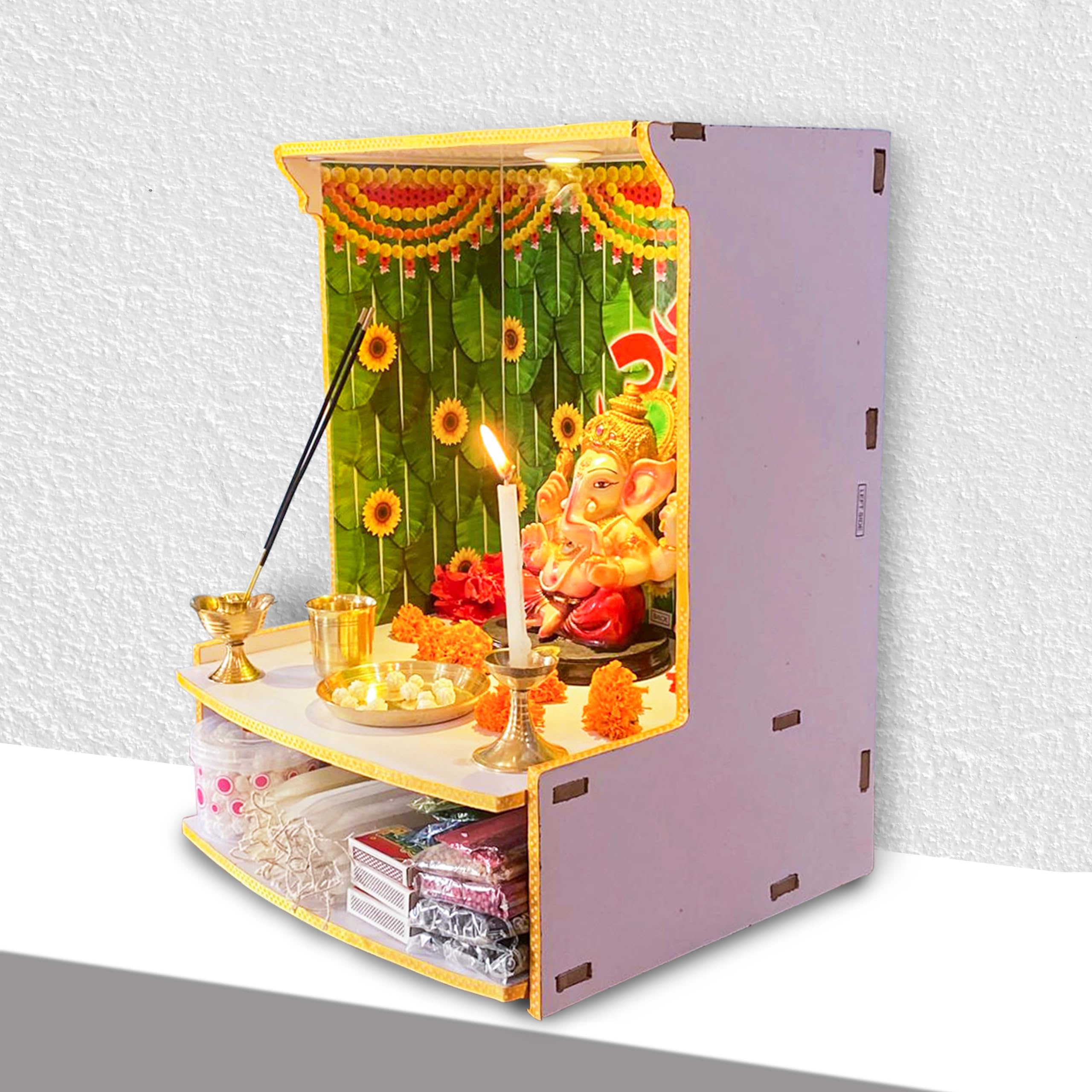 HOMECUTE Wooden Pooja Stand for Home & Office, Wall Mounted Temple with LED Spot Light (Size-30.5X27X40.5 cm)