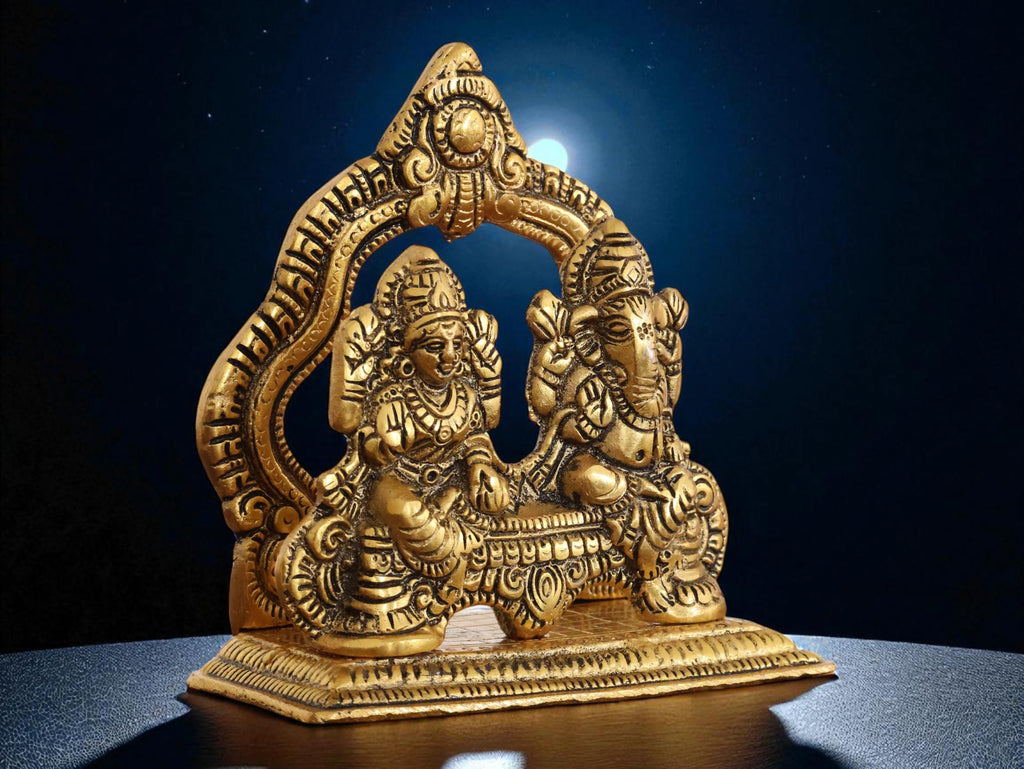 KridayKraft Metal Lakshmi & Ganesha Idol Pair – Gold-Finish Mini Statues (12 cm 5 Lenth × 12 Cm Hight 5), 200 g – Auspicious Home Puja Decor & Diwali Gift