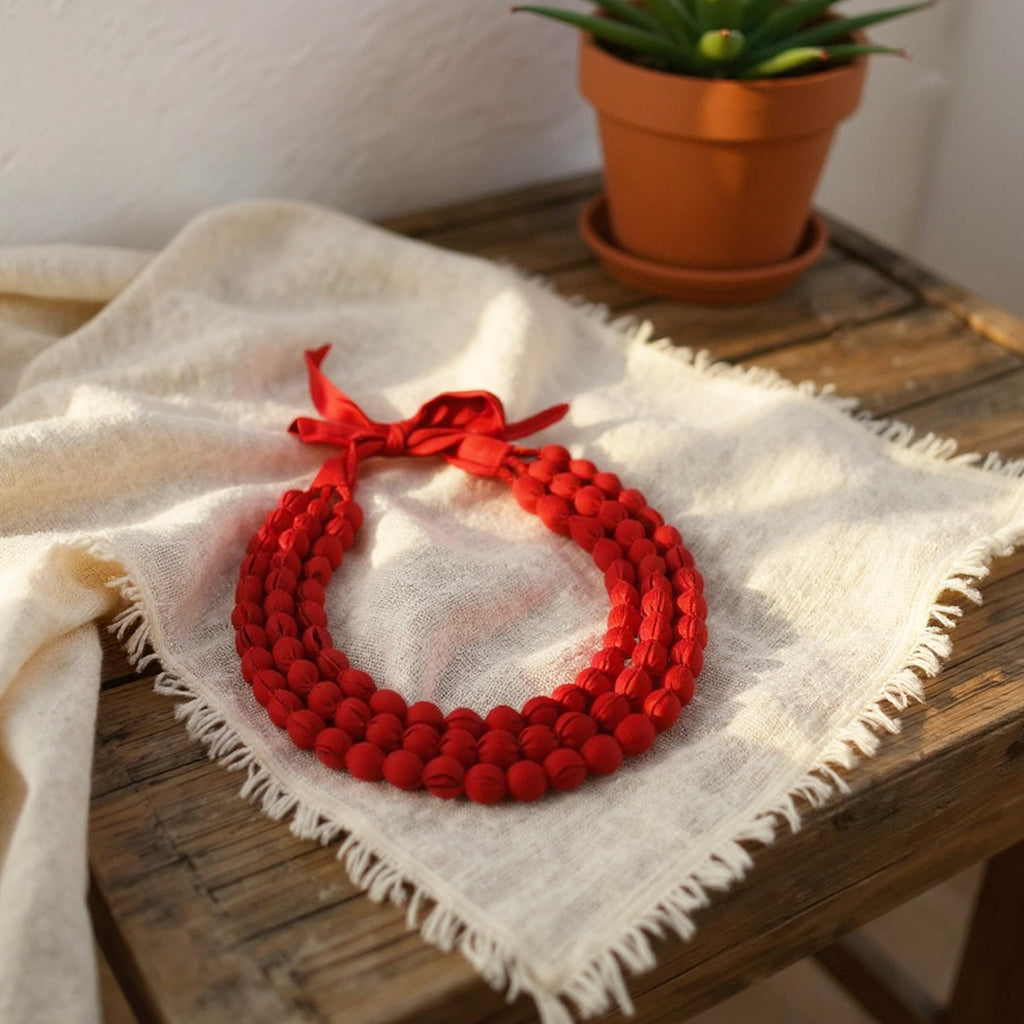 THE STYLE COURTYARD Handmade Fabric Bead Necklace for Women & Girls | Triple Layer Adjustable Cloth Jewelry | Ethnic, Haldi, Bridal Wear (Multiple Colors) (Red)