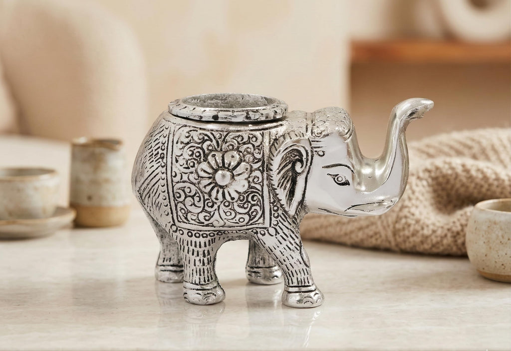 Kridaykraft Decorative Metal Trunk-Up Elephant – Multi-Purpose Small Flower Vase, T-Light Holder, and Stationery Organizer for Living Room and Office – Elegant Silver Elephant Statue for Good Luck