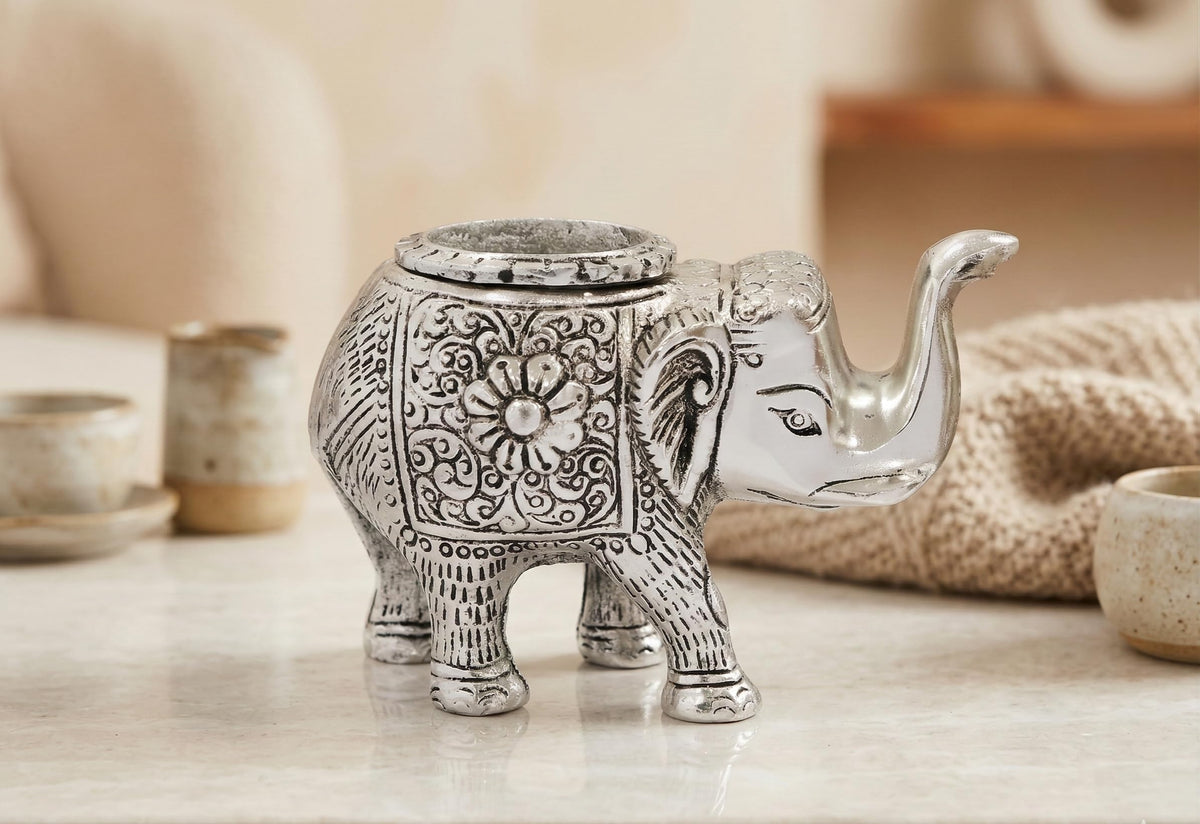 Kridaykraft Decorative Metal Trunk-Up Elephant – Multi-Purpose Small Flower Vase, T-Light Holder, and Stationery Organizer for Living Room and Office – Elegant Silver Elephant Statue for Good Luck