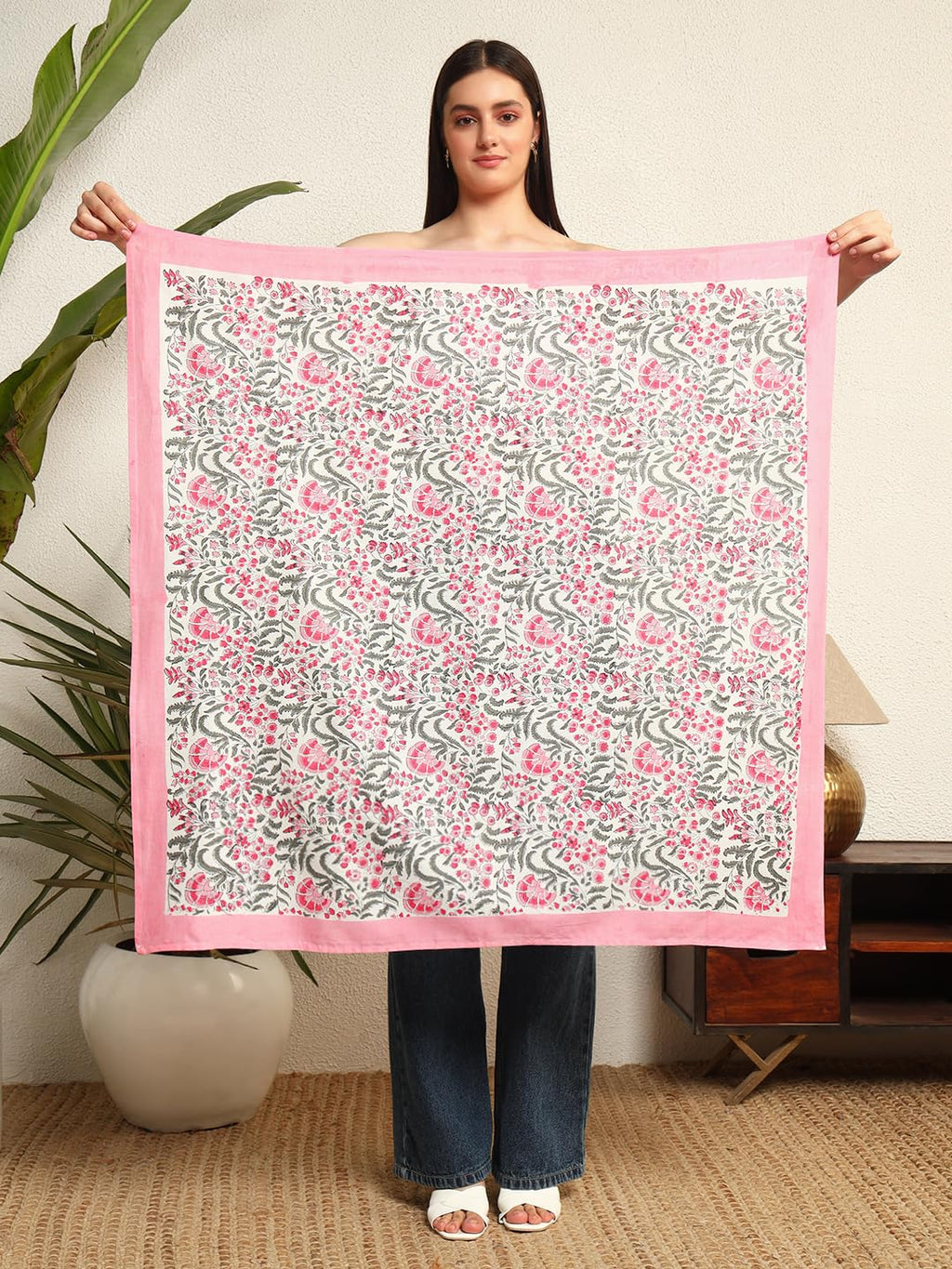 Ravaiyaa - Attitude is everything Sanganer Hand Block Printed Scarves Pure Cotton Scarf Square Hijab Dupatta 40 X 40 Inch (Pink Multi Floral)