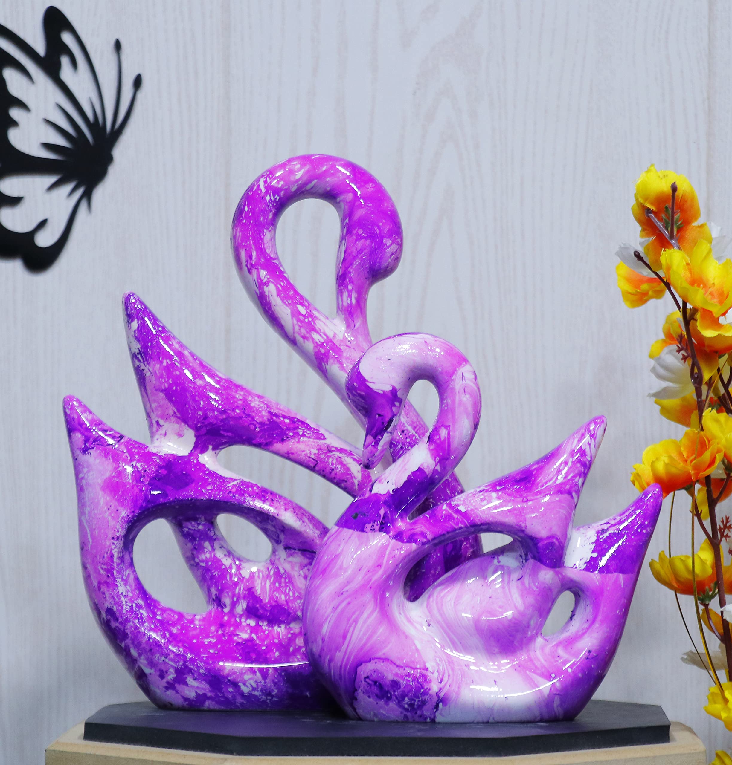 Lucky Love Swan Couple Glossy Piano Finish Polyresin Figures for Home Decor, Living Room - Marble Purple (Set of 2 Pc, Large)