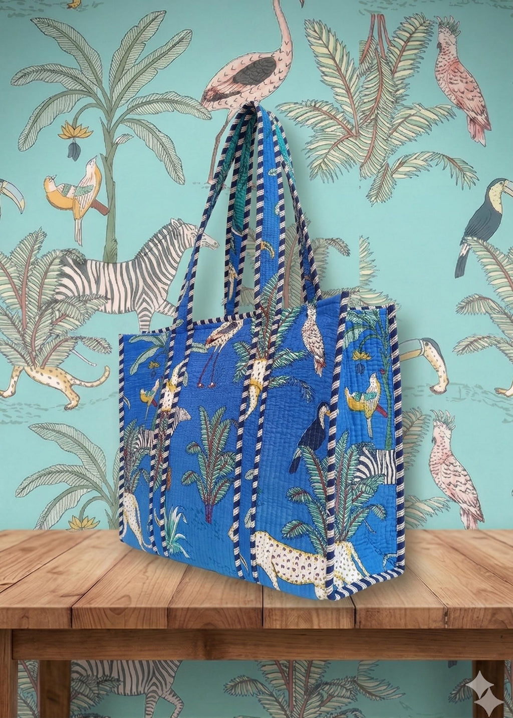 Rastogi Handicrafts Quilted Cotton Women Beautiful Printed Grocery Shopping Bag, Shoulder Bag, Tote Bag, Travel Bags, Blue, 18X6X15 Inch