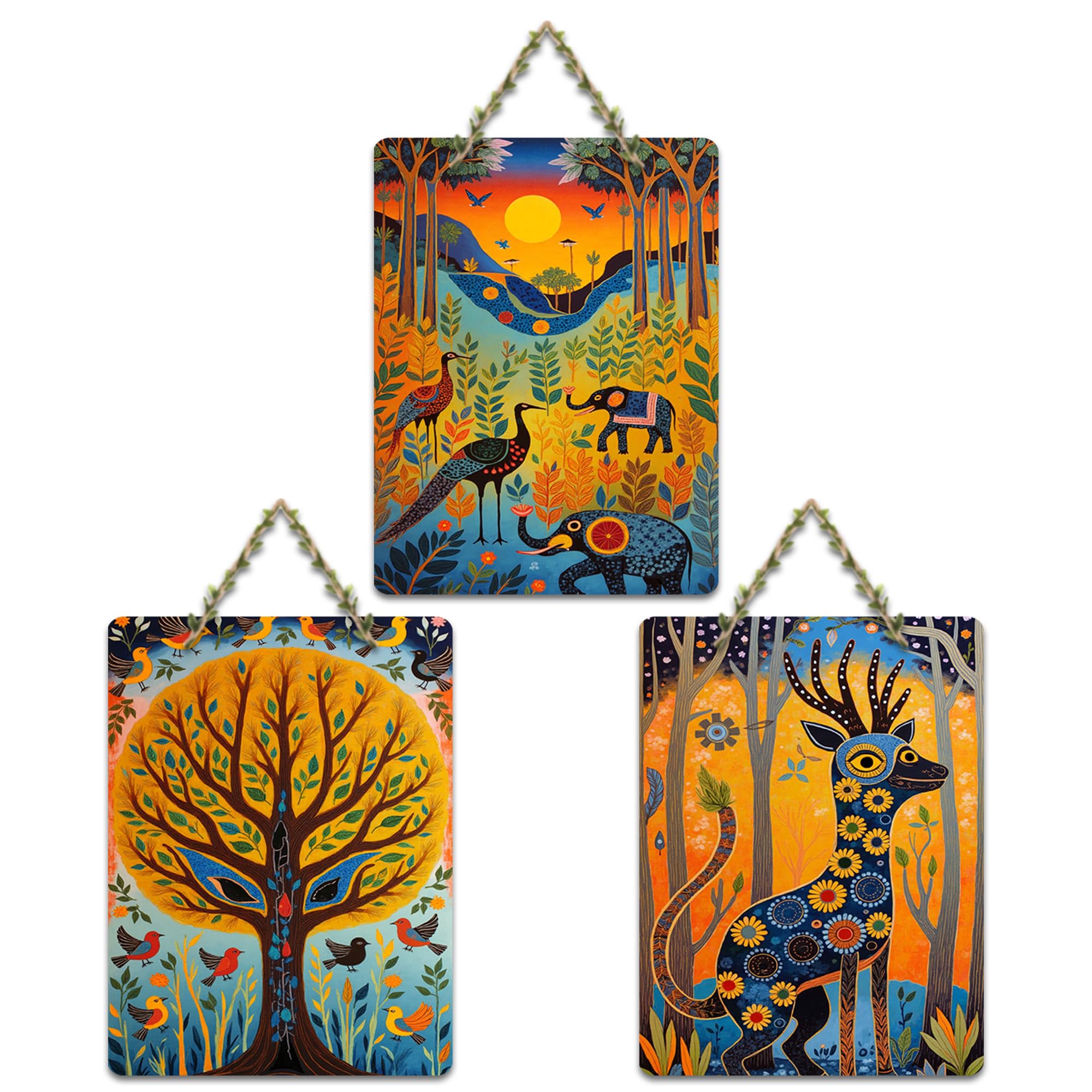 Artvibes Tribal Forest Decorative Wall Art MDF Wooden Wall Hanger for Living Room | Festive Decor Art | Artwork | Aesthetic Wooden Decor | Paintings For Wall | Unique Gift Items (WH_9675N), Set of 3
