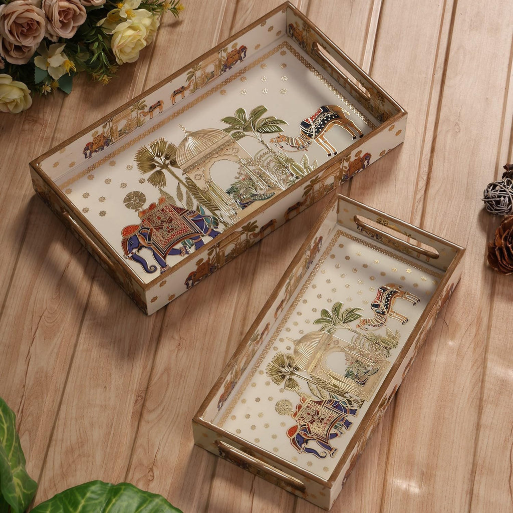 HomeShastra® Wooden Serving Tray with Gold Engraving | Set of 2 | Size : 14 x 8 inch & 12 x 6 inch | Enamel Coated Waterproof | Rectangular | Decorative Trays | Royal Camel Medium & Small