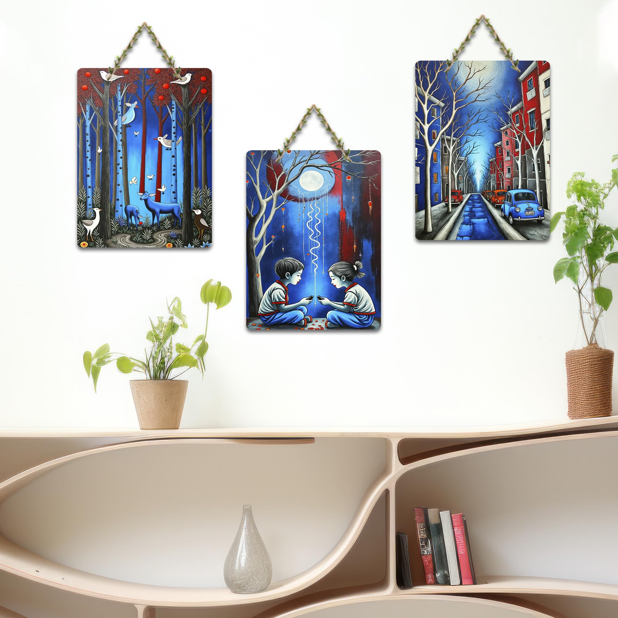 Artvibes Forest Life With Animals & Children Under The Moon Decorative Wall Hanging Ornaments | Printed Wall Decoration | Graphic Artwork | Wall Art Print | Sceneries | Gift Items (WH_9670N), Set of 3