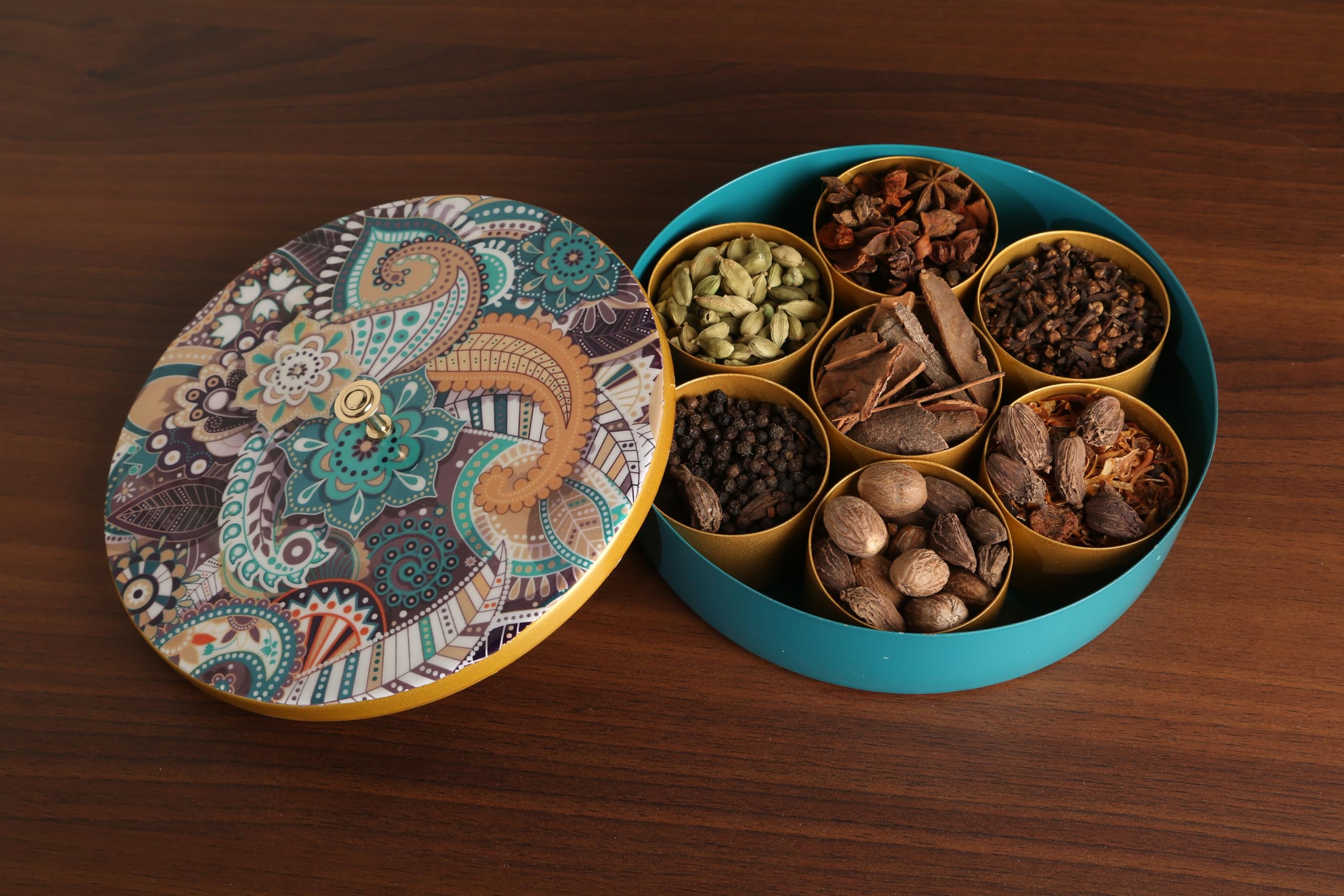 R Ayurveda Copper Metal Magnetic Steel Handcrafted Spice Box Set For Kitchen With Spoon (7 Containers, 40 Ml each) - Masala Box size 8 Inches diameter For Kitchen and Candy organization