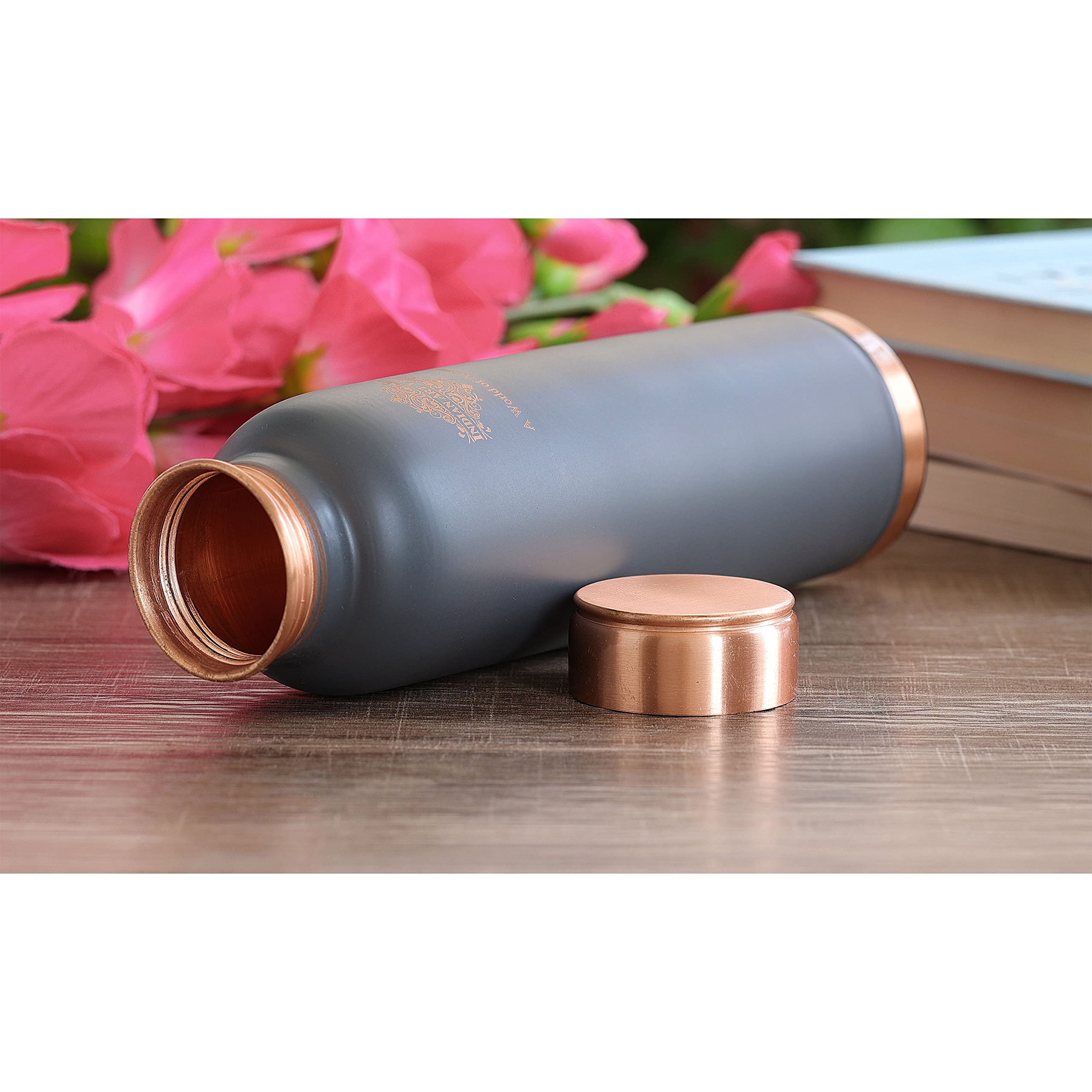 INDIAN ART VILLA Copper Water Bottle Lacquer Coated Silk Finish Leak Proof Ergonomic Design Bottle in Gray Color, 900 ML - Pack of 1