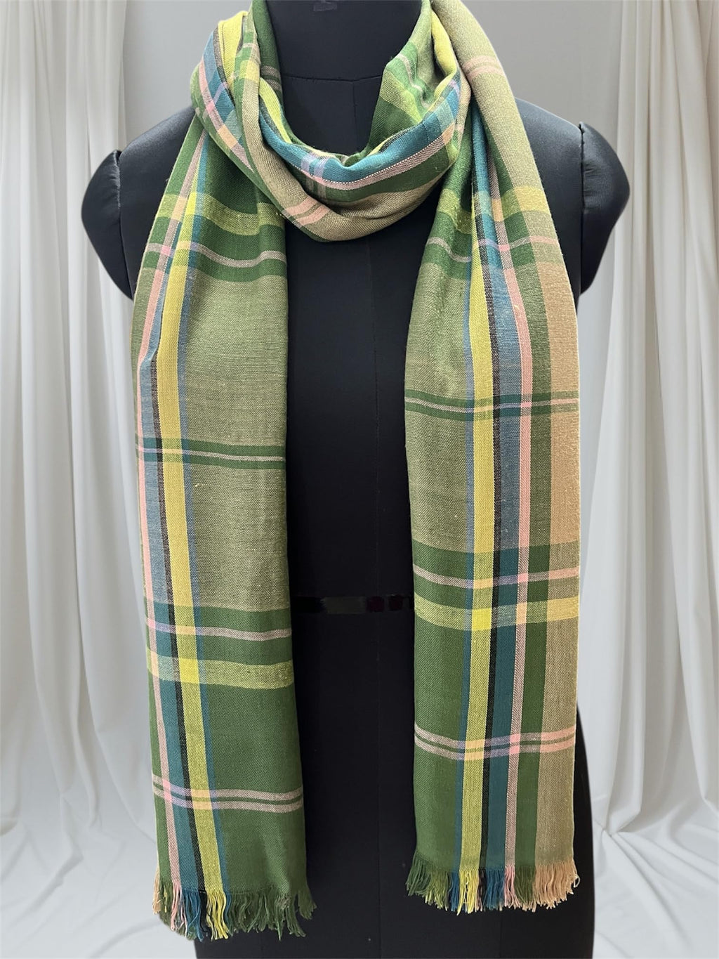 Plaid Winter Scarf, Green Multi-Colour Pattern, Fringe Trim, Soft Woven Fabric Fashion Scarf for women and men