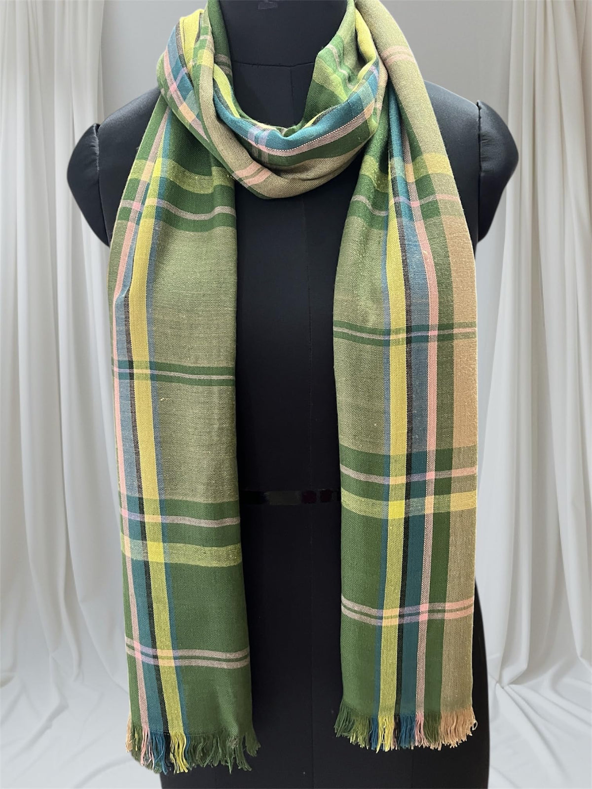 Plaid Winter Scarf, Green Multi-Colour Pattern, Fringe Trim, Soft Woven Fabric Fashion Scarf for women and men