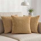 Yellow Weaves Pencil-Stripe Fur Cushion Covers | Soft Polyester | Decorative Sofa & Throw Pillow Covers | 16x16 Inches, Pack of 3 (Golden Brown)