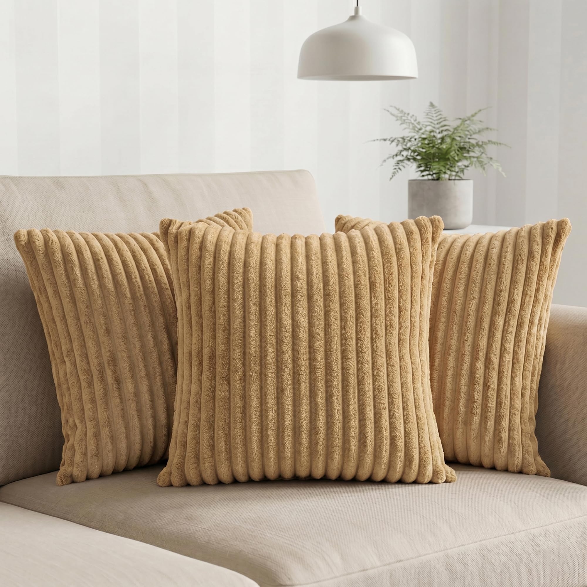 Yellow Weaves Pencil-Stripe Fur Cushion Covers | Soft Polyester | Decorative Sofa & Throw Pillow Covers | 16x16 Inches, Pack of 3 (Golden Brown)