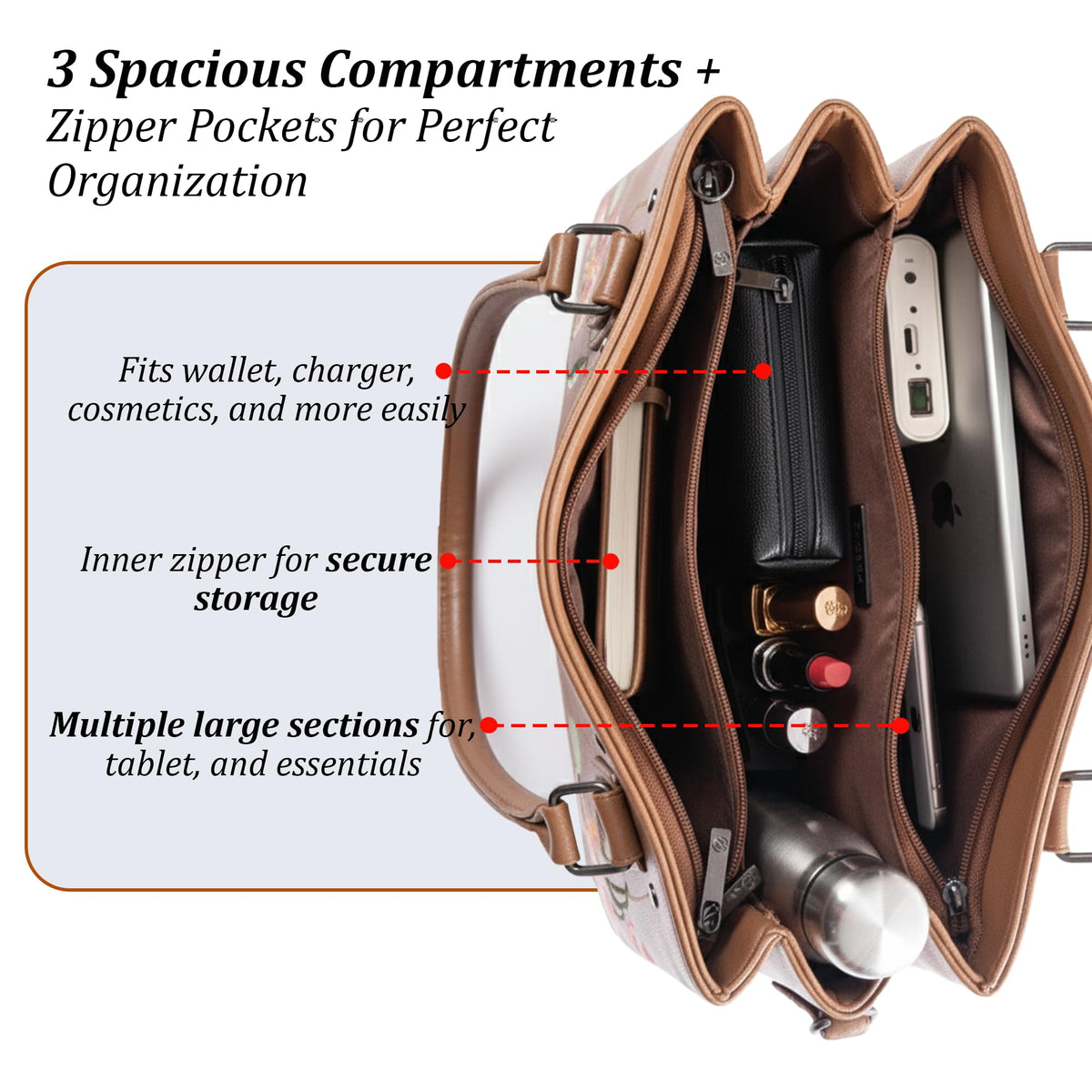 Siza Women Handbag for Office Use, Tote Bag for Women, Stylish Marron Shoulder Bag with Zipper, Multi Compartment Daily Use & Travel Handbag
