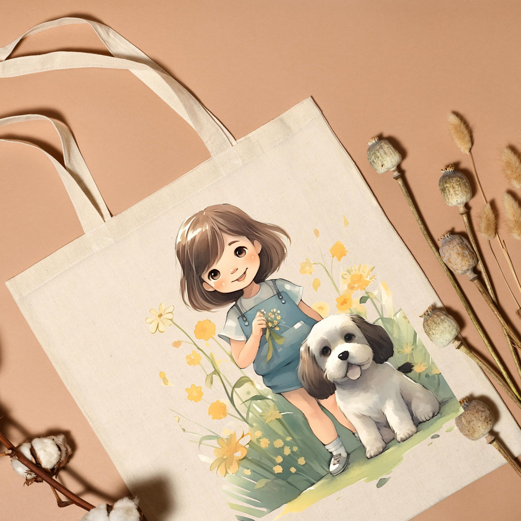 Metsi Canvas Tote Bag For Women, For Painting With Zipper, Reusable Multi-Purpose Cotton Bags For School/Gym/Shopping/Beach & Groceries, Diy Gift Bags, 13X15 (Girl With Puppy 5),Beige
