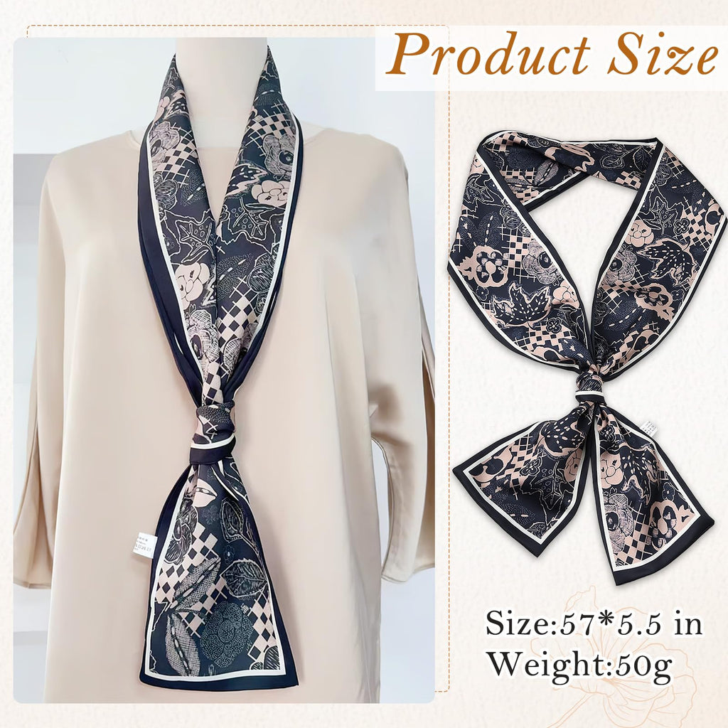 TecoKart Female Silk Neck Scarf for Women, Floral Print Stylish Satin Scarves for Suit, Blazers, Shirts, Ideal Neckerchief for Every Occasion - 59''4.7, Black