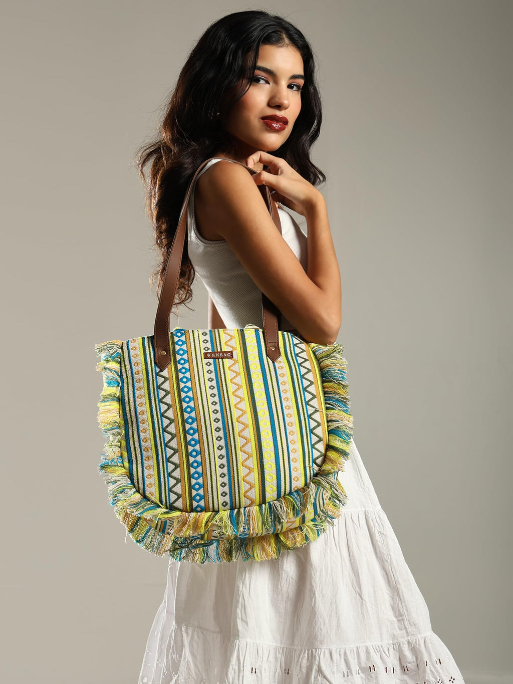 ENSAC Premium Cotton Tote Bag for Women, Stylish Handbag for women with Zip Closure | Fit for Office Bag, College, Travel Use | Handcrafted in India