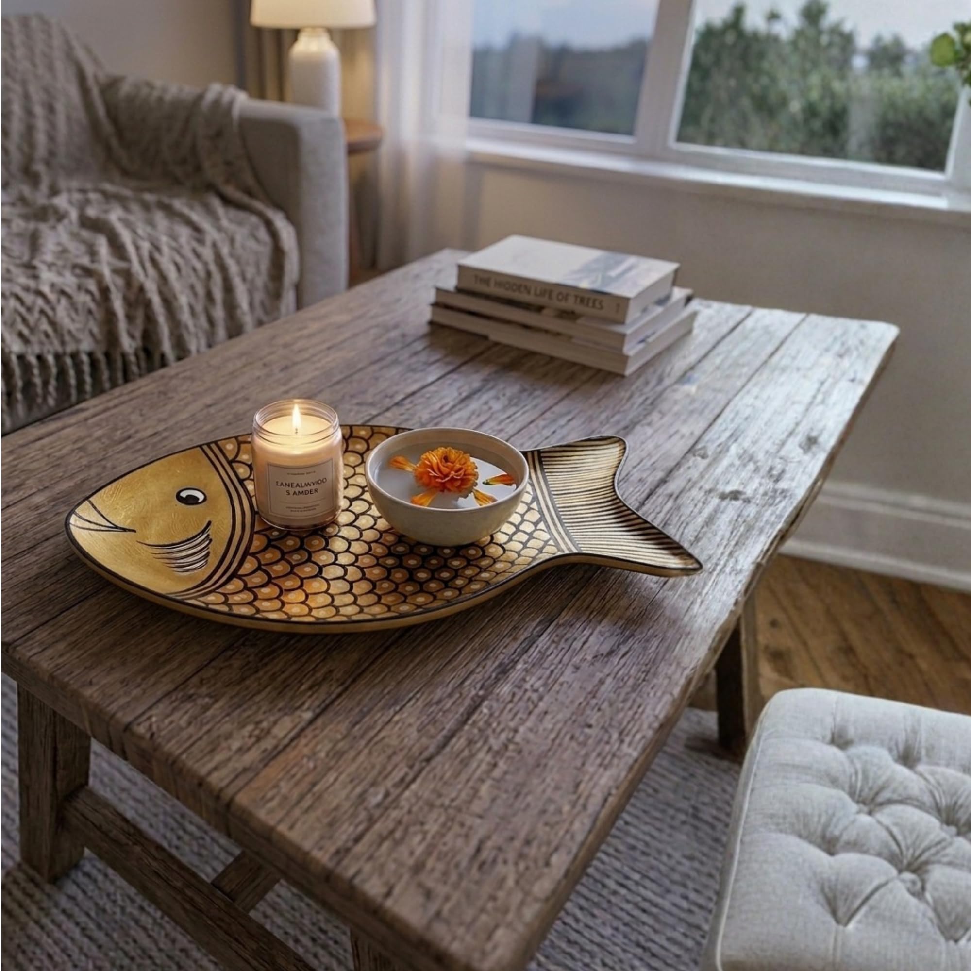 Zimittory Handpainted Fish Shape Wooden Serving Tray, Gold, 12 x 6 Inch