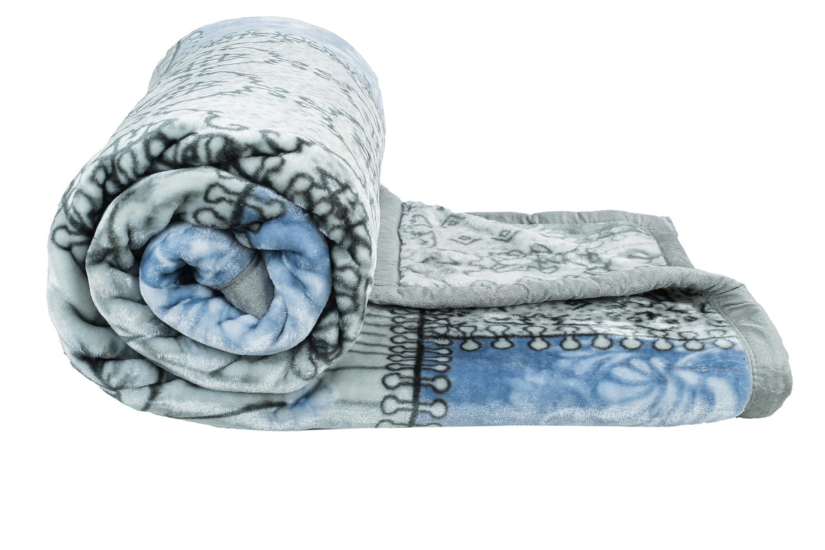 Vas Collections Super Soft Cloudy Printed Double Bed Polyester Blanket for Heavy Winter, Single Ply Mink Blanket King Size with 220 x 230 Cm 3.5 Kg (Grey & Blue, Pack of 1) ¦ Kafalo