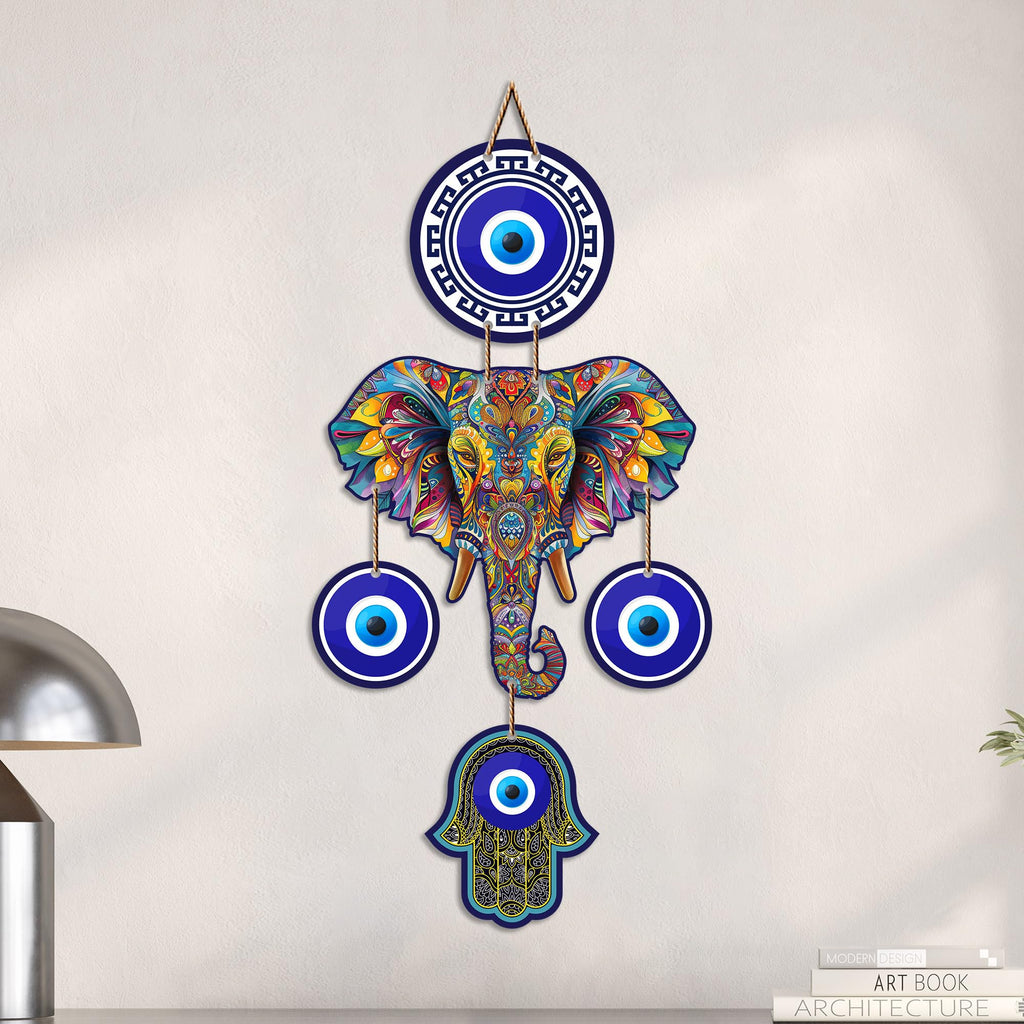 Artvibes Elephant Family Evil Eye Wall Hanging for Home Entrance | Nazar Battu MDF Wall Decor | Positive Energy Vastu Art for Living Room | Hallway | Office & Main Door | Gift Item (WH_8549N)