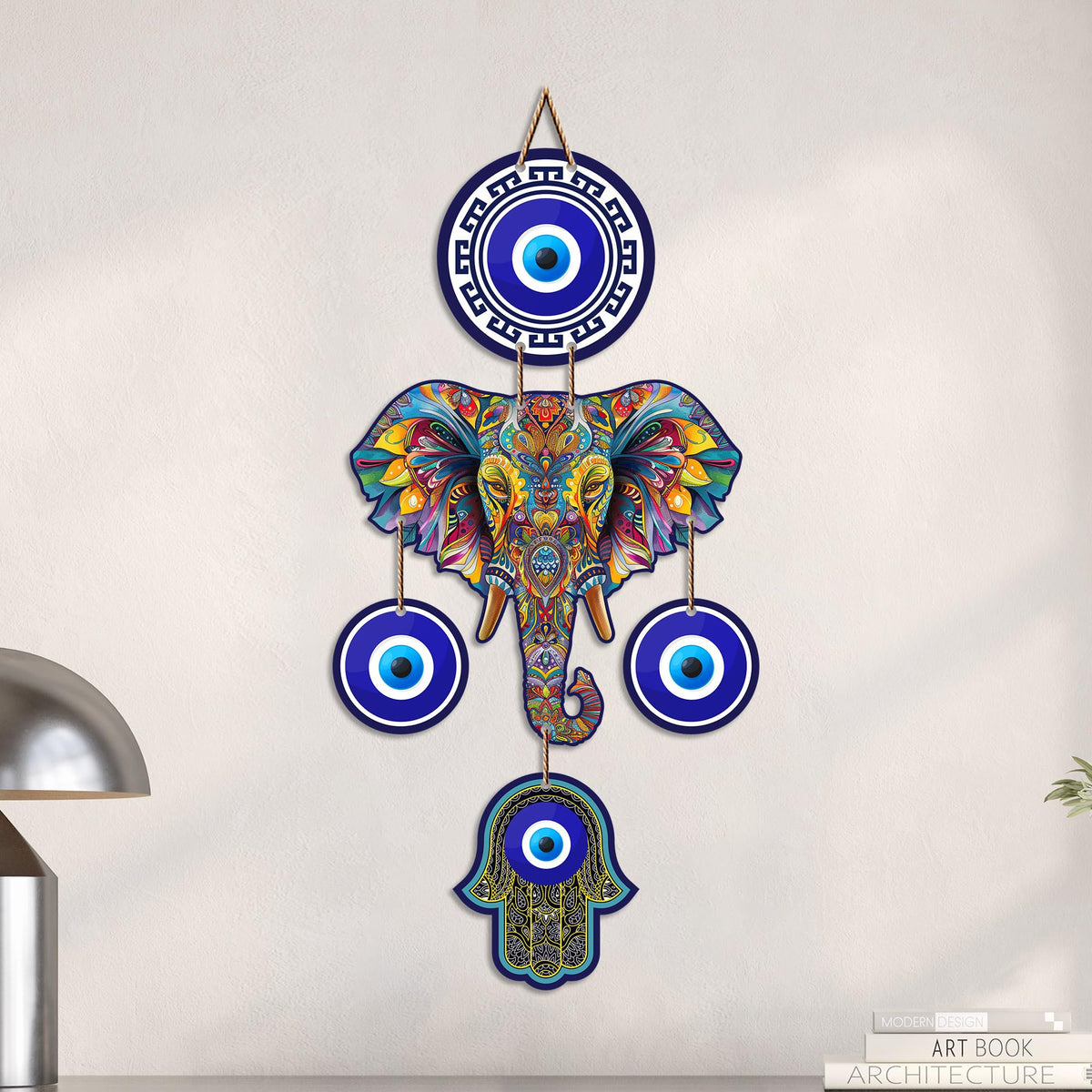 Artvibes Elephant Family Evil Eye Wall Hanging for Home Entrance | Nazar Battu MDF Wall Decor | Positive Energy Vastu Art for Living Room | Hallway | Office & Main Door | Gift Item (WH_8549N)