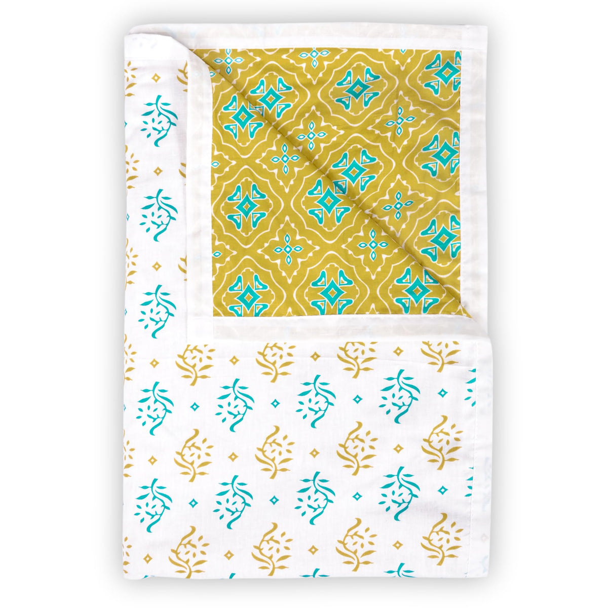 Divine Casa 120 GSM Cotton Reversible Dohar Single Bed Size | Jaipuri Abstract Printed Cotton Blanket | Soft Lightweight AC Blanket (Warm Olive and White, 140X210 cm)| TC - 120 Kafalo