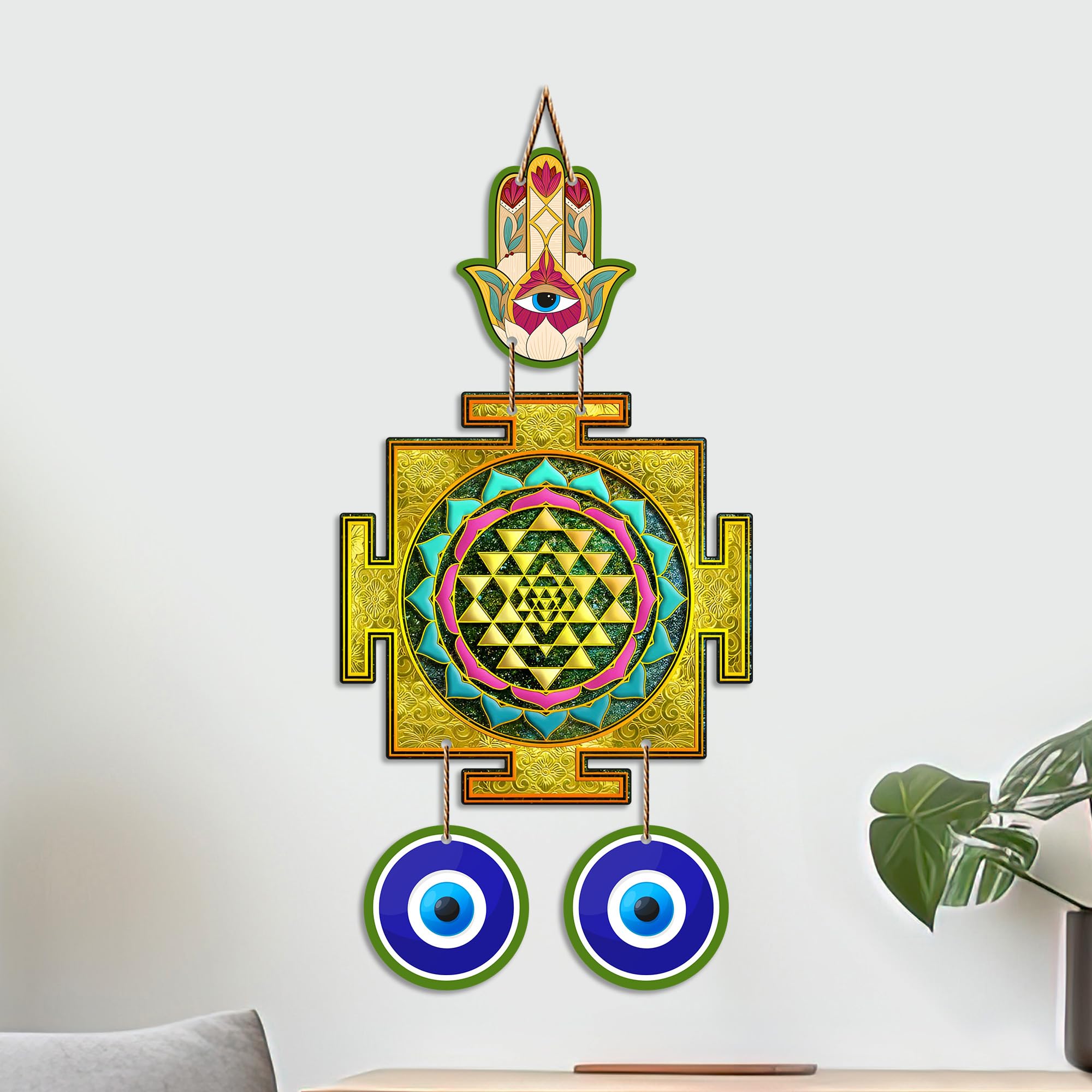Artvibes Sri Yantra Evil Eye Wall Hanging for Home Entrance Door | Sacred Geometry Vastu Decor | Positive Energy Protection Ornament for Meditation Room | Office and Housewarming Gift (WH_85135N)