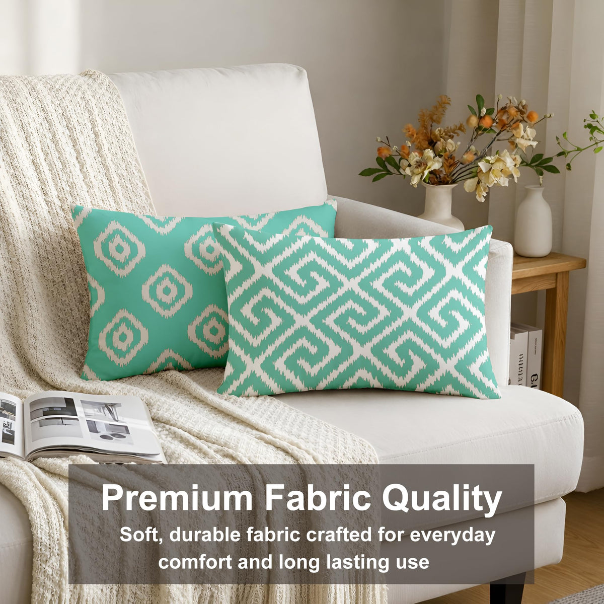 STITCHNEST Set of 2 Polycotton Cushion Covers – 12x18 Inches – Teal & White Ikat Geometric Print – Elegant Cushion Covers for Sofa & Living Room | Perfect for Home Decor