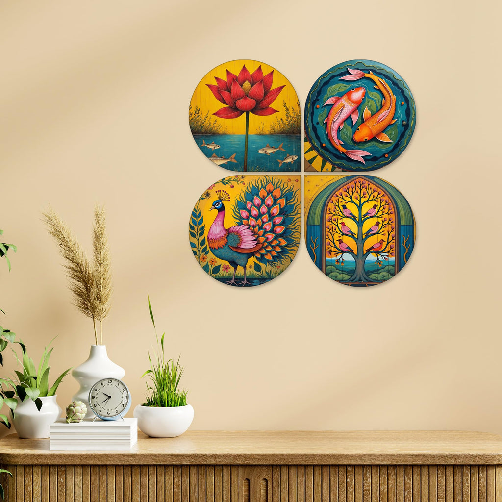 Artvibes Nature & Spiritual Wooden Handcrafted Mdf Wall Hanging | Decorative Wall Art For Bedroom | Home Decoration Items | Gifts For Women And Men (Wh_8459N) - Set Of 4