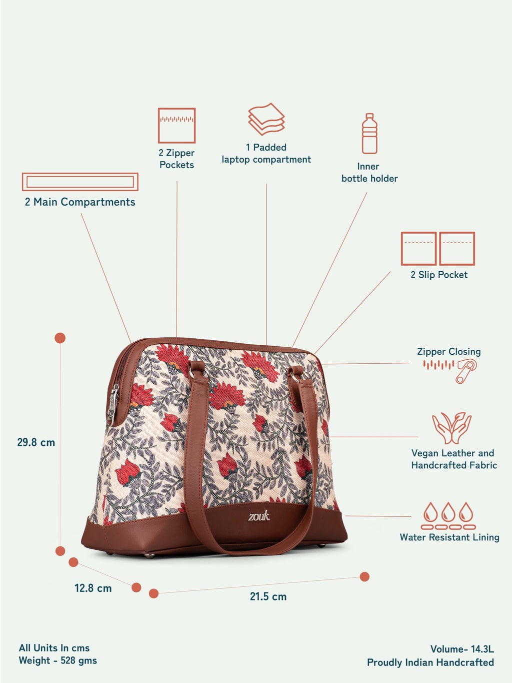 ZOUK Carry-All Work Bag | Stylish Handbag for Women Office Use | 13-Inch Laptop Compartment | Water-Resistant | Tote Bag for Office, College & Travel | Nawabi Couture