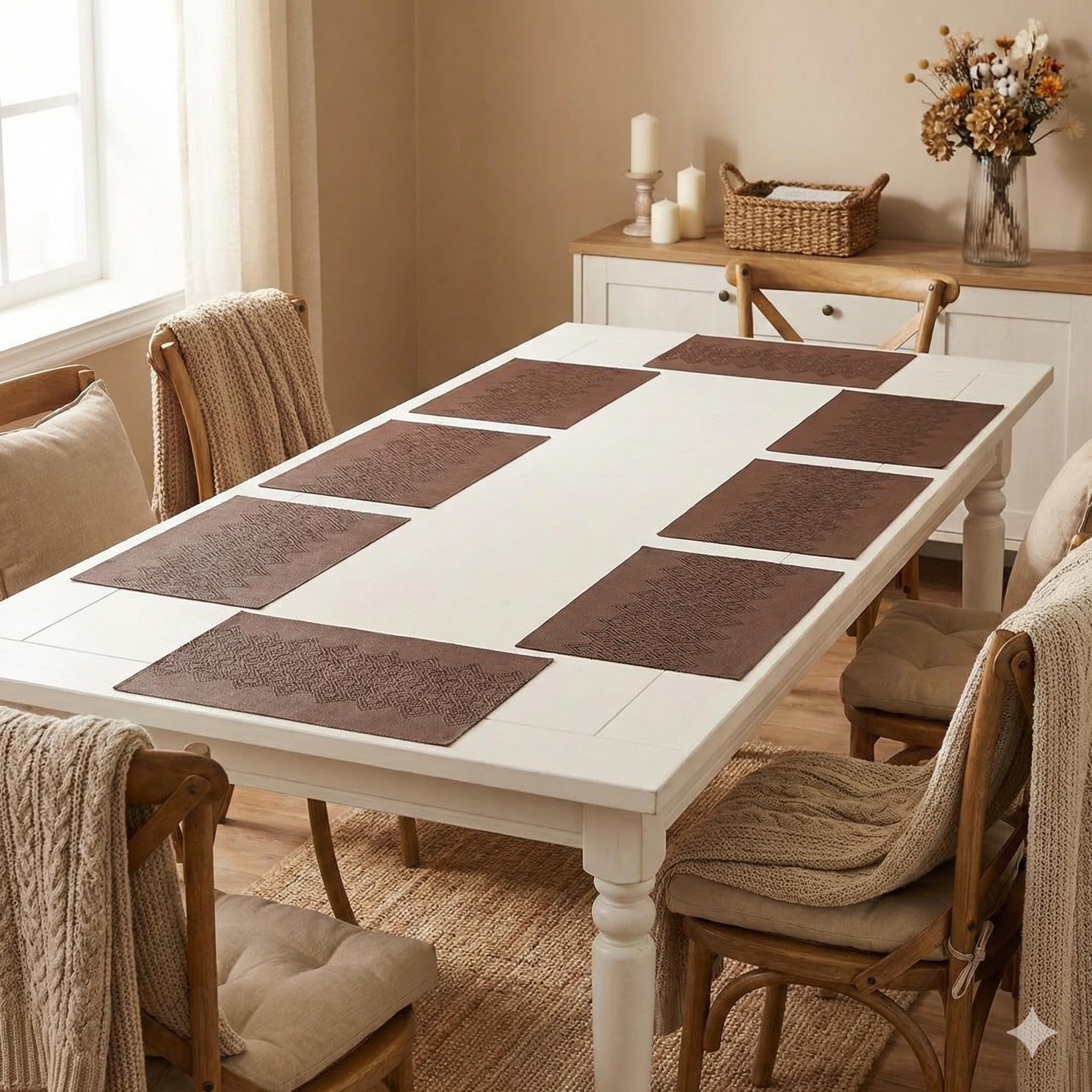 YELONA Placemats Set of 8, Heat-Resistant Woven Vinyl Table Mats, Non-Slip & Washable Dining Tablemats for Kitchen & Dinner Decor, Umber Brown (45cm x 30cm) Kafalo