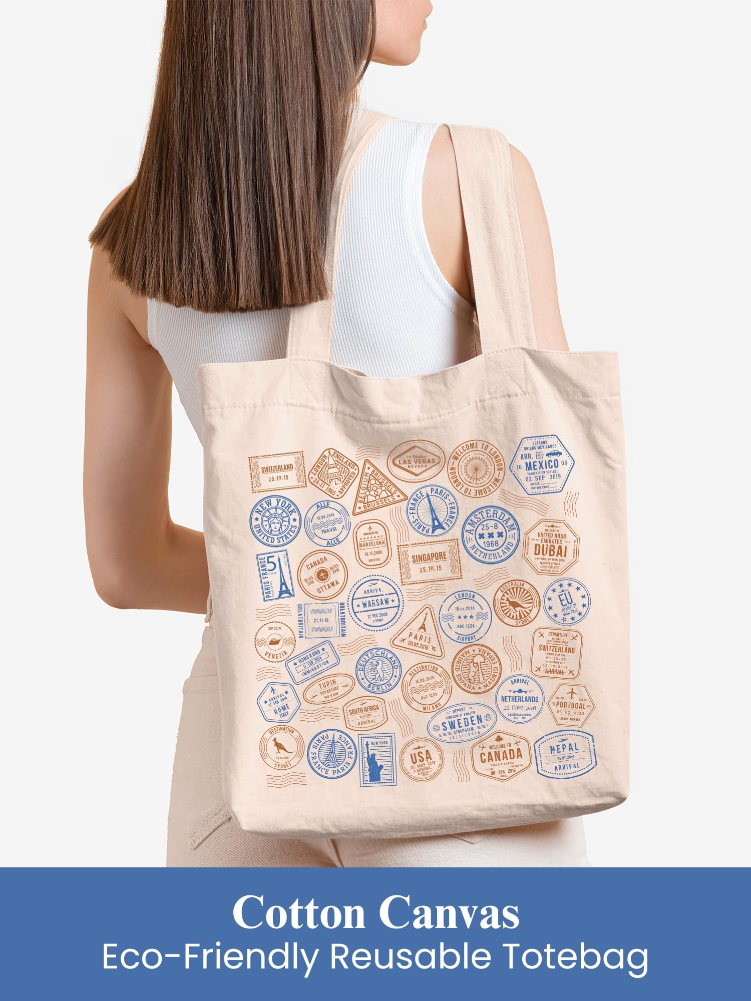 DOODLE Eco-Friendly Reusable Cotton Canvas Travel Tote Bag | Inner & Outer Zip Pockets | Ideal for Travel, Shopping, College & Office Use | Travel Stamps