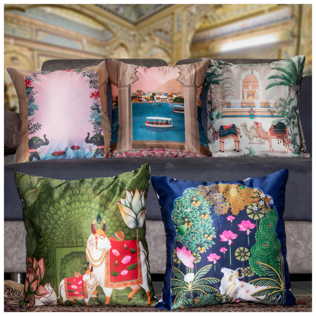 Vendola Decorative Satin Sofa Cushion Covers Set of 5, 20 Inch x 20 inch, Ethic, Festive Sofa Pillow Cover, Beige, Blue & Green, Palace, Animal & Cow Design, Zipper Closure (Palace, 20X20 Inches)