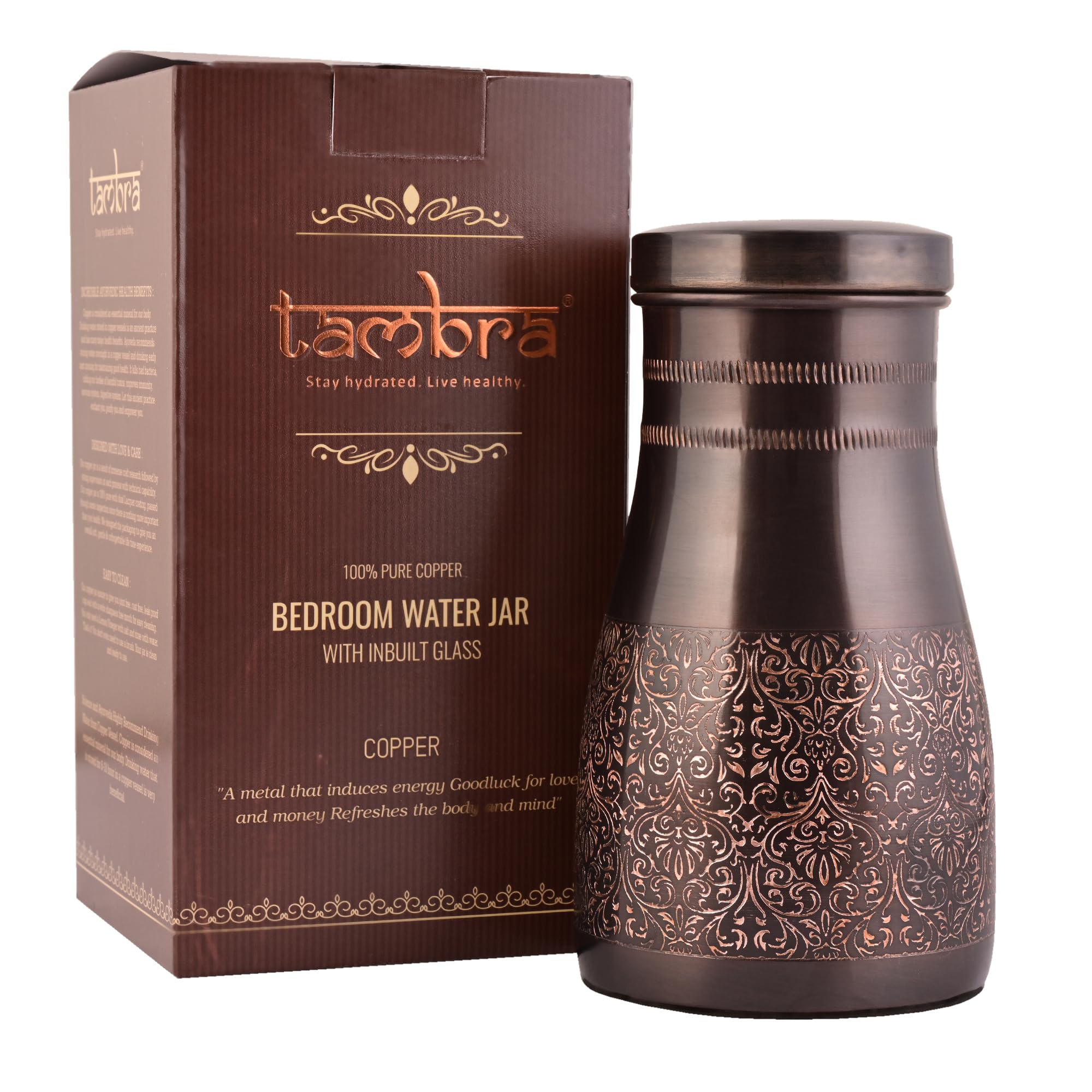 Tambra Copper Bedroom Jar with Inbuilt Glass | Rarity Carving Design | Handcrafted, Leakproof, Jointless | Ayurvedic Benefits, Antioxidant Properties | 1200 ml (Pack of 1)