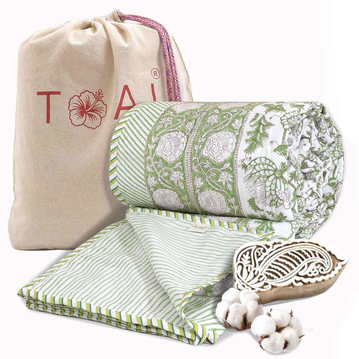 TOAIArt Premium Jaipuri Dohar | AC Blanket Summer Quilt | Hand Block Printed | 3 Layers | Reversible | 150GSM 100% Mulmul Cotton | 100% Cotton Flannel Filling | Queen 90 X 108 |Green Kalamkari Kafalo