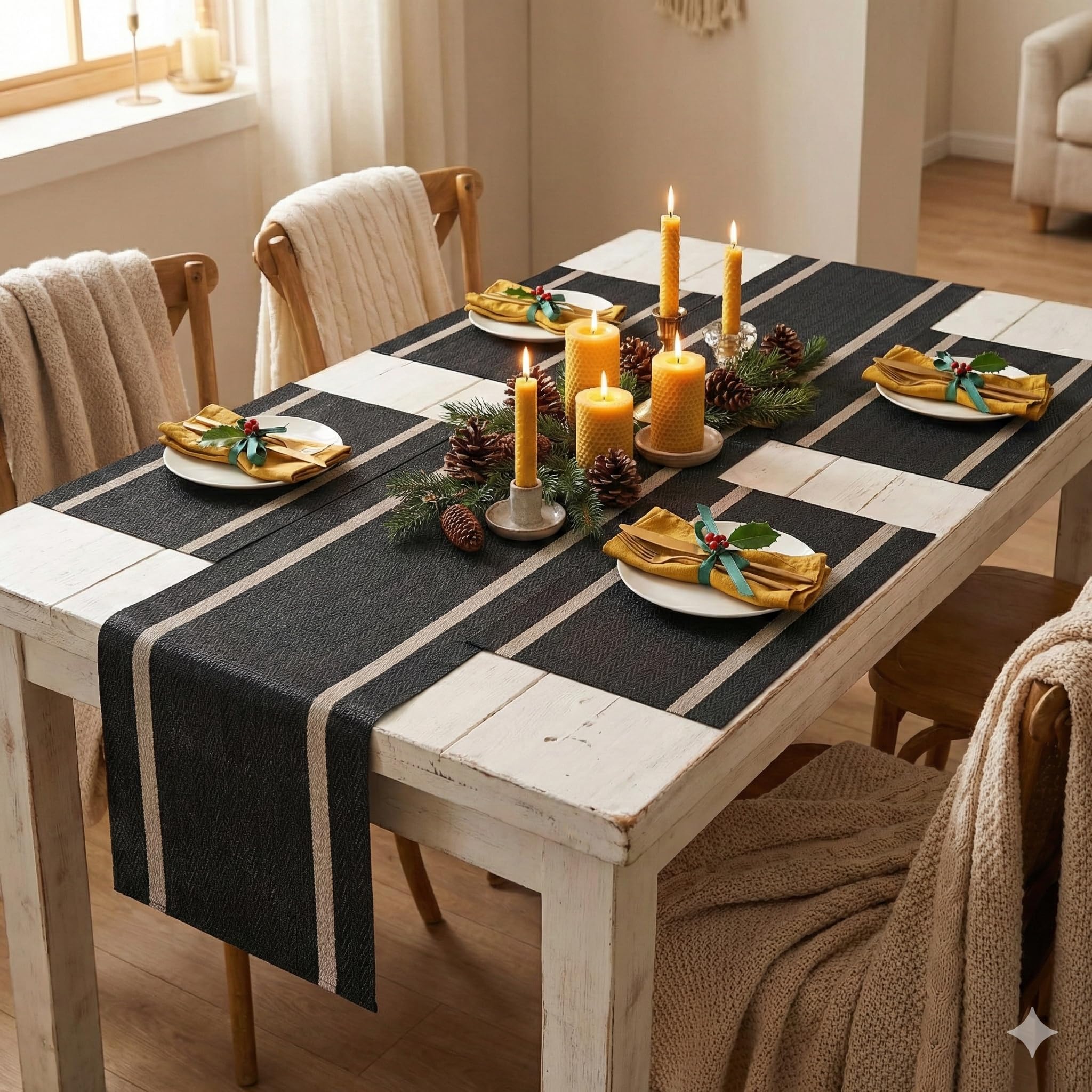 YELONA Dining Table Placemats and Runner Set - Heat Resistant, Washable, Stain Resistant Mats - Woven Vinyl Plastic - Easy to Clean-(45x30 cm 4 Placemats, 135x30 cm 1 Runner)-Ideal for Stylish Dining Kafalo